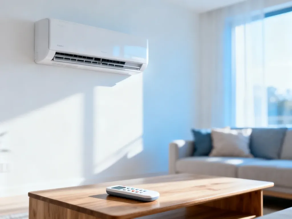 Nowoczesny klimatyzator ścienny w minimalistycznym salonie z pilotem na stoliku kawowym, podkreślający komfort w domu.