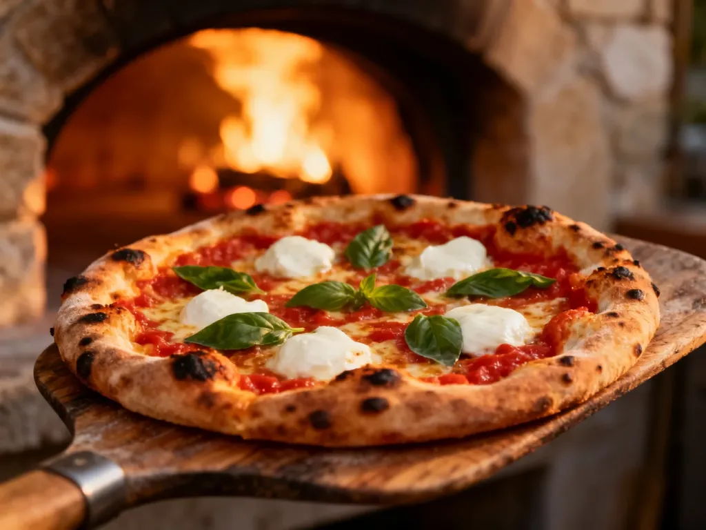 Świeżo upieczona pizza neapolitańska z chrupiącymi brzegami i roztopioną mozzarellą na drewnianej łopacie.
