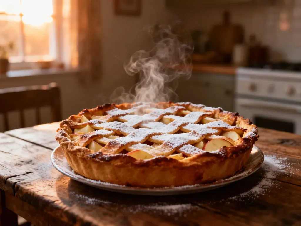Świeżo upieczona szarlotka z chrupiącą kratką, posypana cukrem pudrem, na rustykalnym drewnianym stole w przytulnej kuchni.