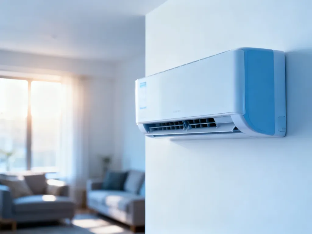 Nowoczesny klimatyzator ścienny w jasnym salonie, prezentujący estetyczne rozwiązanie do chłodzenia wnętrz.