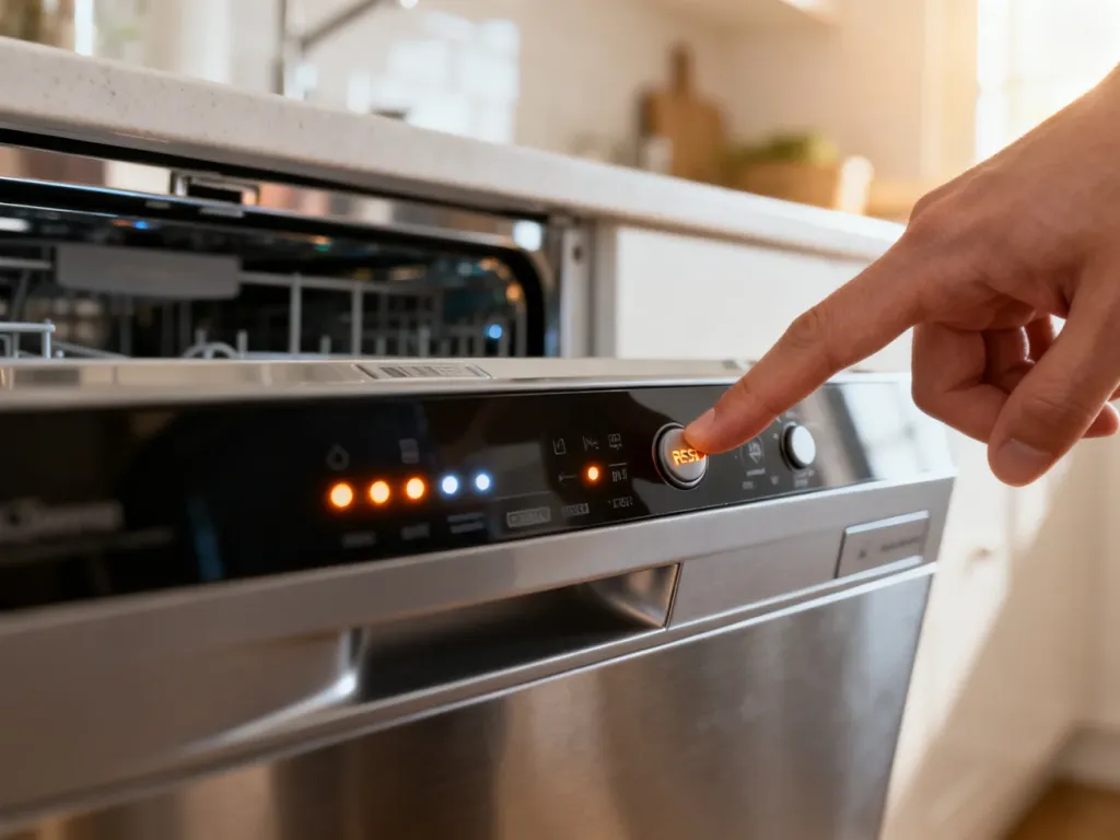 Palec naciskający przycisk resetowania na panelu sterowania nowoczesnej zmywarki Whirlpool.